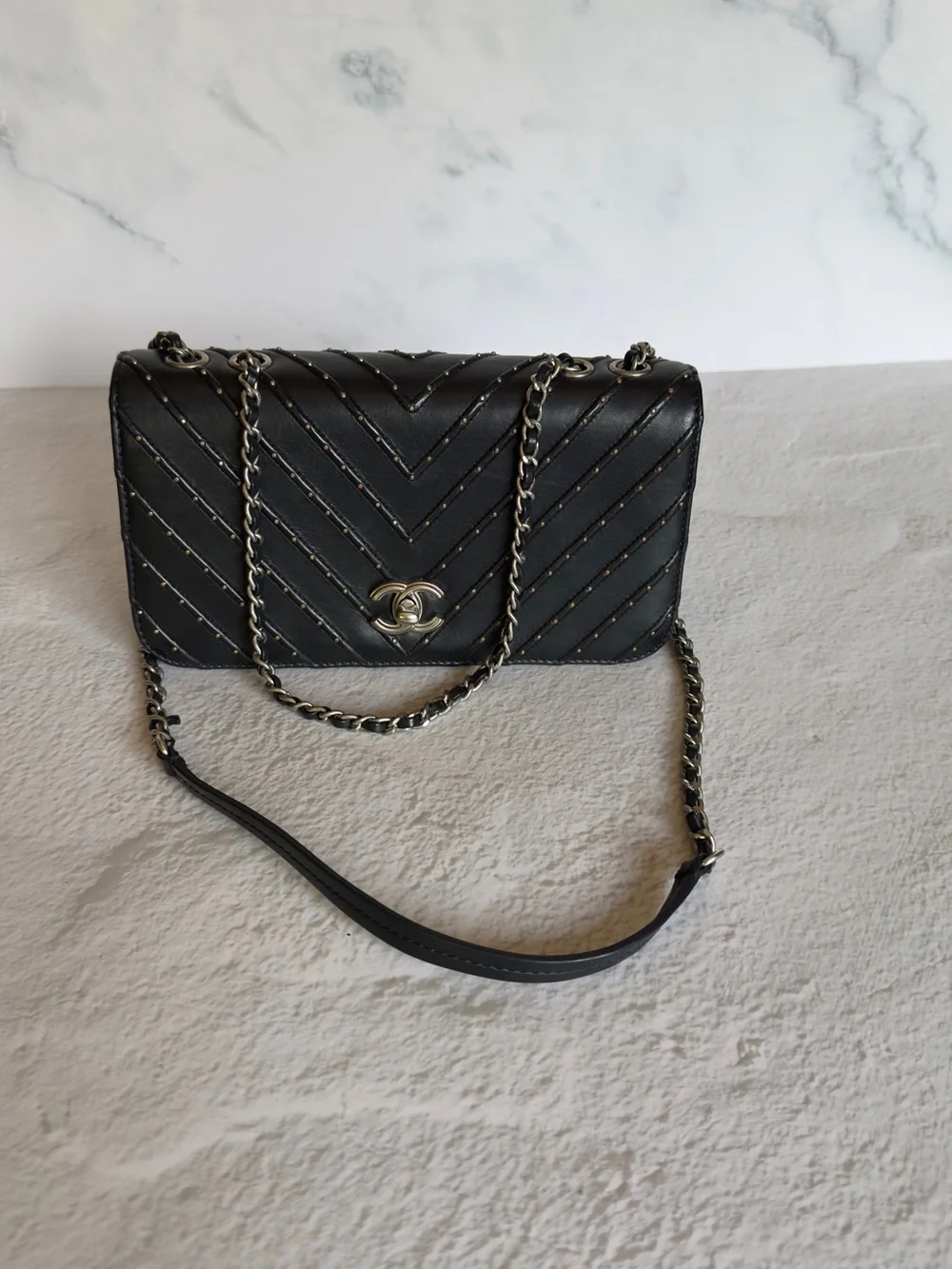 CHANEL Stud Wars Black Chevron Flap Bag Silver HW Rare